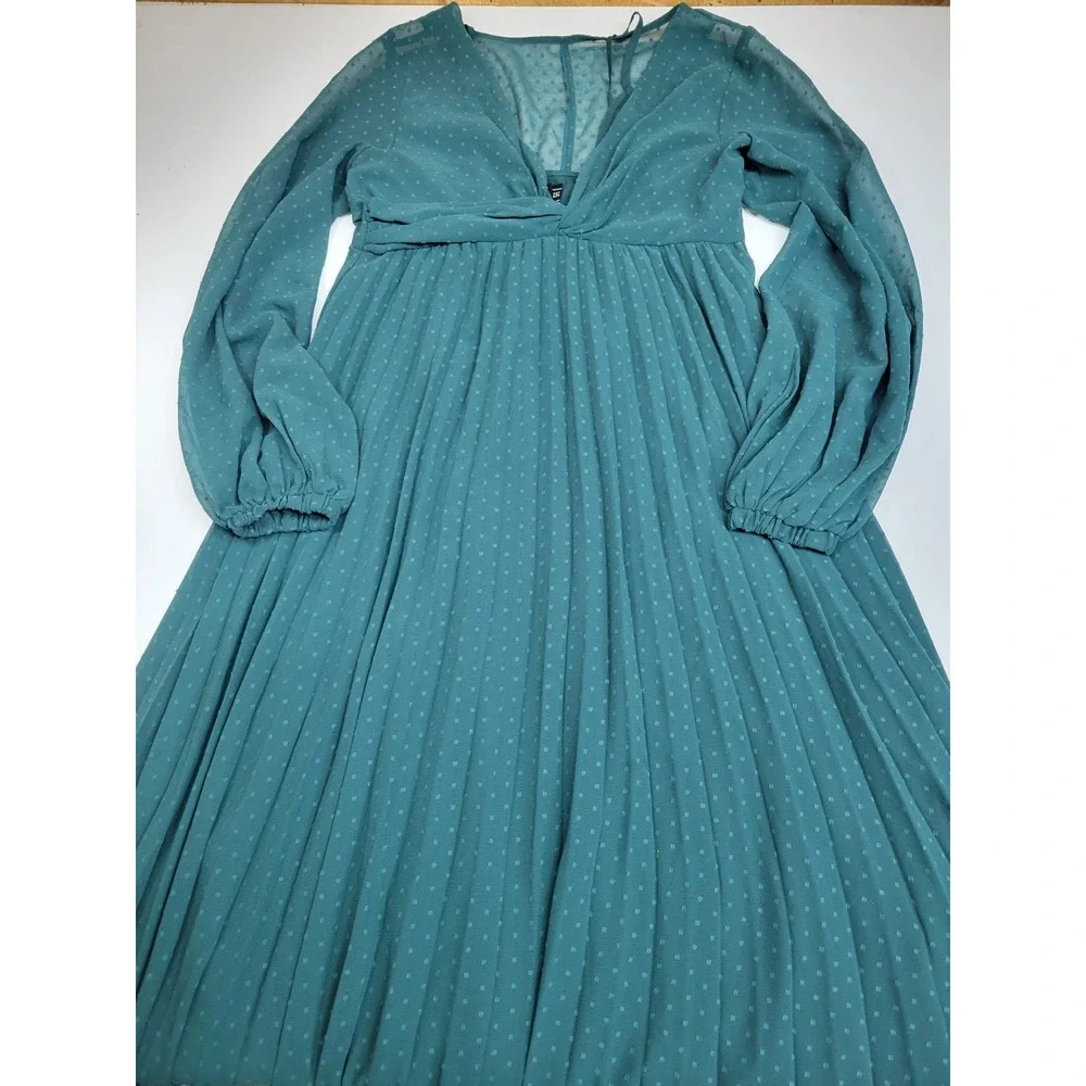 ASOS Design Maternity Dress US 8 Teal Swiss Dot Chiffon Long Sleeve Midi